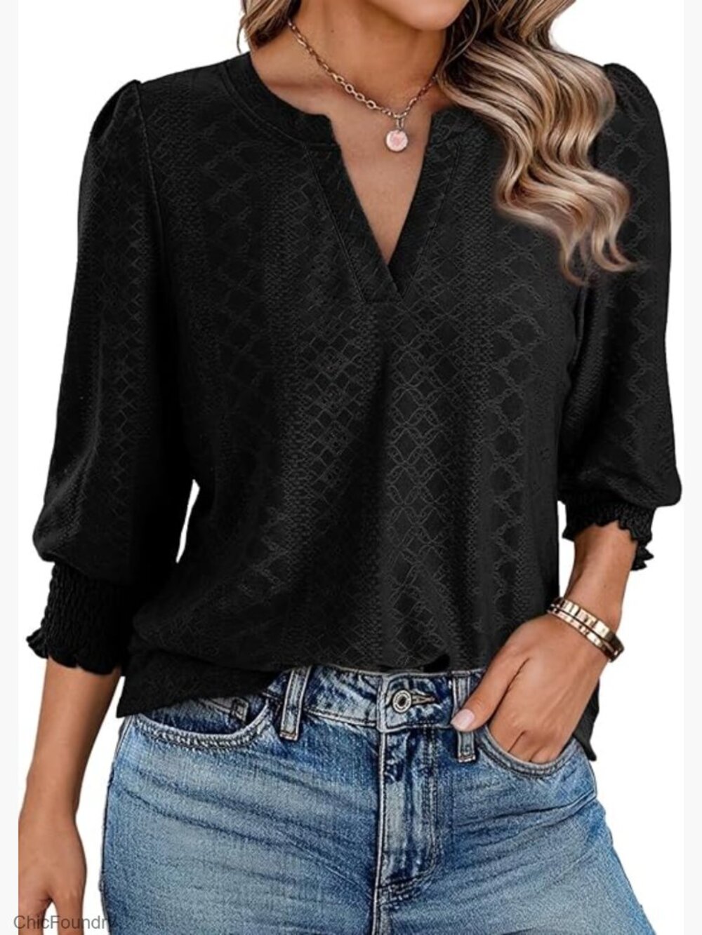 Women's 3/4 Sleeve V-Neck Hollow Out Blouse Business Casual T-Shirt